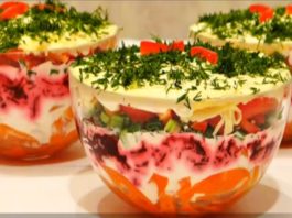 Очень вкусный и красивый слоеный салат с болгарским перцем